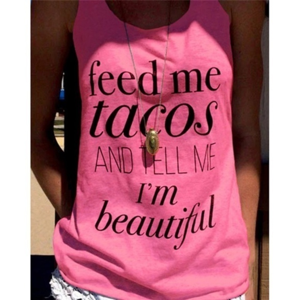 Pink "Feed Me Tacos" Graphic Racerback Tank Top